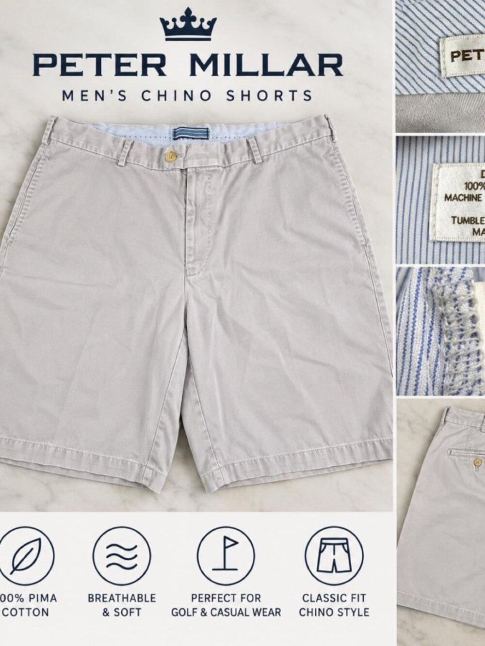 Peter Millar Shorts 100% Pima Cotton Mens Size 38 Light Khaki 9 inch inseam